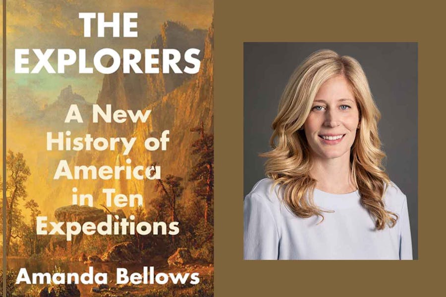 Headshot of Amanda Bellows next to cover of her book featuring a romantic landscape painting. 